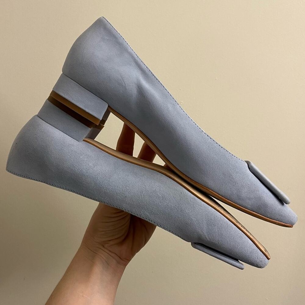 J. McLaughlin Lisbeth Blue Suede Buckle Low Block Heels Size 8 - Picture 10 of 12